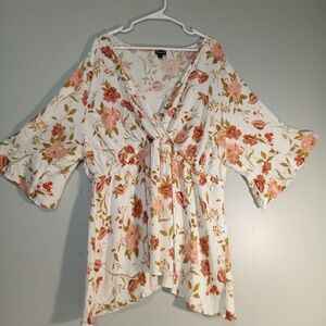 Torrid Floral V-Neck Blouse - White and Orange